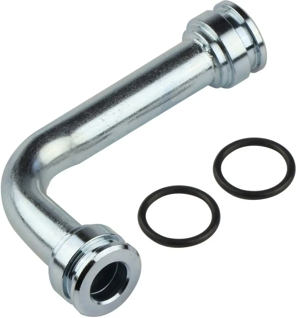 Verchromtes Verbindungsrohr mit zwei Anschlüssen und zwei schwarzen O-Ringen, geeignet für Anwendungen von Bosch.